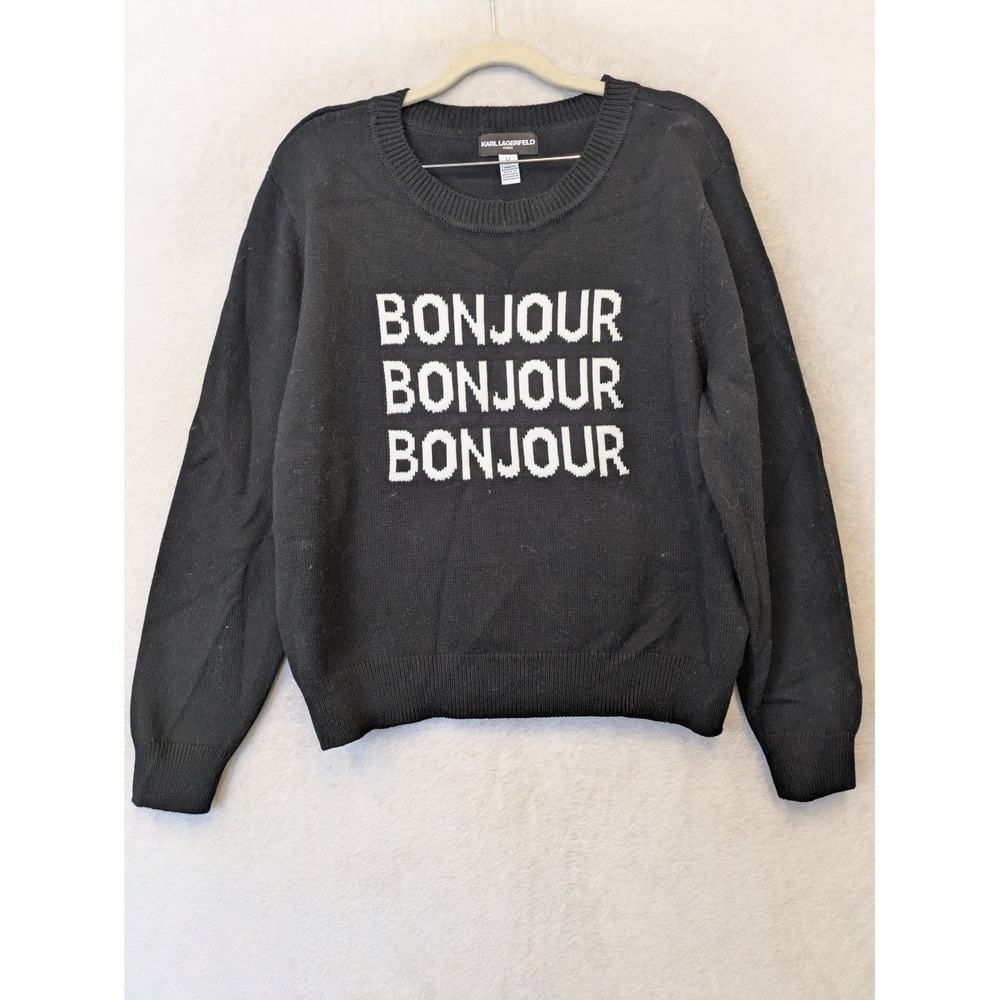 Karl Lagerfeld Paris Bonjour Sweater Women's Large‎ Black Graphic Knit Pullover